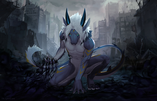 2020 4_toes 5_fingers anthro city day detailed_background digital_media_(artwork) dragon feet fingers hair horn lynncore male nude outside sky toes white_hair wingless_dragon // 1280x830 // 965.6KB