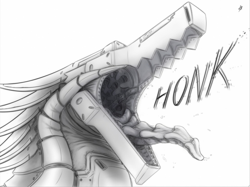2015 ambiguous_gender black_text digital_drawing_(artwork) digital_media_(artwork) dragon feral greyscale honk machine mecha monochrome mouth_shot nude open_mouth robot sharp_teeth side_view simple_background solo sound_effects teeth text three-quarter_view tongue tongue_out verkele white_background // 1280x959 // 151.7KB