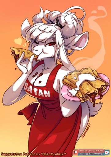 2020 5_fingers <3 anthro apron bovid breasts caprine cleavage clothed clothing digital_media_(artwork) eating female fingers food food_on_breasts fur goat goat_lucifer_(helltaker) gradient_background hair hi_res holding_food holding_object horn mammal red_eyes signature simple_background smile text text_on_apron text_on_clothing url white_body white_fur white_hair zummeng // 1414x2000 // 1.2MB