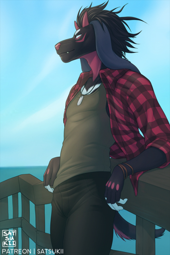 2019 anthro black_hair canid canine clothed clothing digital_media_(artwork) hair male mammal red_nose satsukii smile solo standing // 667x1000 // 915.4KB