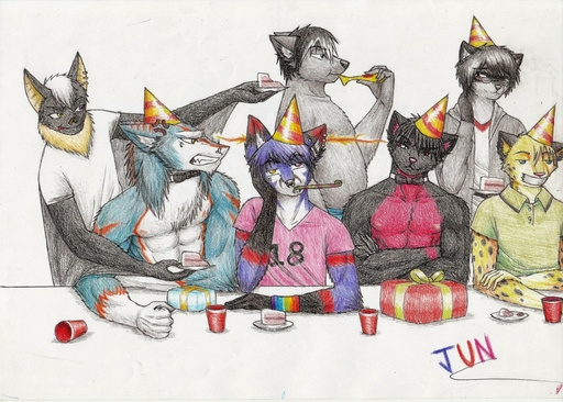 angry anthro canid canine canis chiropteran clothed clothing domestic_cat felid feline felis fox fur gift group hair jaguar jun_rasenfox male mammal pantherine procyonid raccoon sergal topless wolf // 1280x914 // 416.6KB