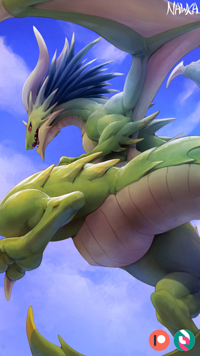 2021 9:16 ambiguous_gender butt claws day detailed_background digital_media_(artwork) dragon featureless_crotch feral green_body green_scales hi_res looking_at_viewer low-angle_view male_(lore) membrane_(anatomy) membranous_wings midgardsormr_(dragalia_lost) nawka open_mouth outside red_eyes scales scalie shaded sharp_teeth sky solo teeth toe_claws tongue video_games wings worm's-eye_view // 810x1440 // 877.6KB