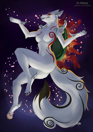 amaterasu anthro breasts canid canine canis deity female hi_res maaia mammal nude pawpads paws smile solo video_games wolf // 877x1240 // 528.1KB