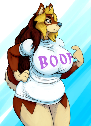 anthro big_breasts black_nose blonde_hair bottomless breasts brown_body brown_eyes brown_fur brown_hair canid canine canis clothed clothing colored domestic_dog female fur gesture hair hand_on_hip hi_res hladilnik huge_breasts mammal multicolored_hair pointing pointing_at_self slightly_chubby smile solo two_tone_hair wally_(itswintersartblog) // 922x1280 // 824.5KB