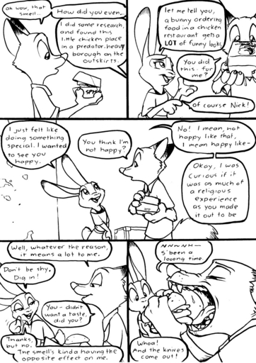 anthro black_and_white buckteeth canid canine clothed clothing comic dialogue disney duo ears_back eating english_text eric_schwartz eyes_closed female food fox half-closed_eyes hi_res judy_hopps lagomorph leporid male mammal monochrome narrowed_eyes nick_wilde open_mouth pivoted_ears rabbit sandwich_(food) sharp_teeth simple_background smile teeth text white_background zootopia // 906x1280 // 319.2KB