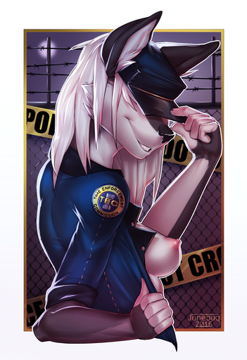 2016 5_fingers anthro areola breasts canid canine canis clothing female fingers hair hat headgear headwear inner_ear_fluff junebuq mammal nipples police side_boob smile solo sophie_(tluuvyen) teeth text tuft uniform white_hair wolf // 685x1000 // 597.4KB