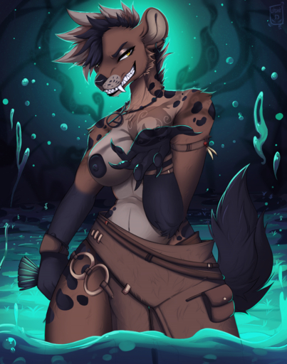 absurd_res anthro areola black_areola black_nipples breasts clothing detailed_background fangs female fluffy fluffy_tail hi_res hyaenid ineffective_clothing litchie_d looking_at_viewer mammal nipples smoke solo teasing teeth water // 3307x4200 // 9.2MB