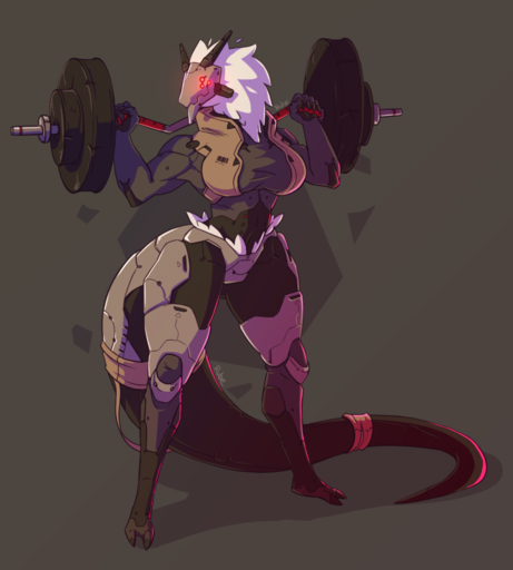 anthro dragon exercise female fur grey_body hi_res machine robot rube solo weightlifting weights white_body white_fur workout // 1280x1422 // 687.6KB