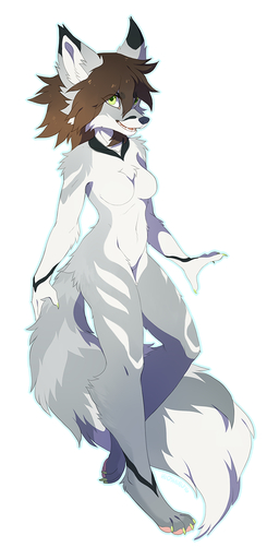 2016 anthro black_body black_fur breasts brown_hair canid canine claws featureless_breasts featureless_crotch female fur green_eyes grey_body grey_fur hair hi_res hioshiru long_hair looking_at_viewer mammal navel nude open_mouth pawpads pink_pawpads simple_background smile solo teeth toe_claws tongue white_background white_body white_claws white_fur // 601x1200 // 367KB