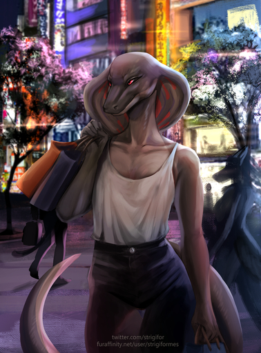2019 anthro black_sclera city clothed clothing detailed_background digital_media_(artwork) female fingers group hi_res mammal night outside red_eyes reptile scalie snake solo_focus standing strigiformes tayla // 1128x1528 // 2.1MB