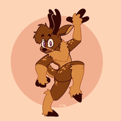1:1 absurd_res anthro antlers brown_body brown_fur brown_hair brown_spots cervid cheek_tuft chest_tuft facial_tuft fur gesture hair hi_res hooves horn looking_at_viewer male mammal raised_leg simple_background smile solo spots spotted_body spotted_fur tan_background the_xing1 tuft waving wide_eyed // 3000x3000 // 211.3KB