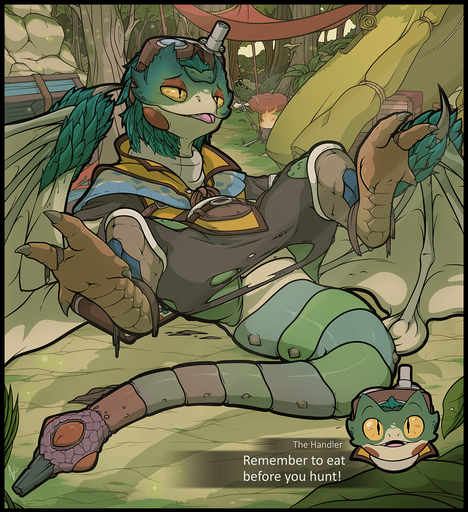 2018 alternate_species belt bird_wyvern black_border border capcom clothed clothing dialogue digital_media_(artwork) dragon english_text eyewear feathers female fire food goggles green_body green_scales green_tail half-closed_eyes hi_res jungle monster_hunter narrowed_eyes nexivian open_mouth open_smile pukei-pukei pupils scales scalie slit_pupils smile solo tent text the_handler_(monster_hunter) tongue tongue_out torn_clothing video_games wings wyvern // 1097x1200 // 1.4MB