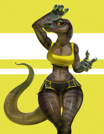 anthro bottomwear breasts brown_eyes claws clothed clothing female fivel hi_res hotpants komodo_dragon lizard looking_at_viewer midriff monitor_lizard navel non-mammal_breasts orange_sclera reptile scales scalie shorts simple_background smile white_background yellow_background // 1162x1500 // 2.8MB