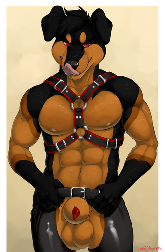 2016 abs animal_genitalia animal_penis anthro balls big_balls big_muscles big_sheath biped black_body black_fur canid canine canine_penis canis chaps detached_sheath domestic_dog floppy_ears front_view fur genitals harness leather licking licking_lips looking_at_viewer male mammal mastiff molosser mostly_nude muscular muscular_anthro muscular_male naughty_face navel nipples penis penis_tip pink_nipples portrait red_eyes rottweiler self_lick sheath simple_background smile solo standing tan_body tan_fur thick_sheath three-quarter_portrait tongue tongue_out truegrave9 // 700x1069 // 377.5KB