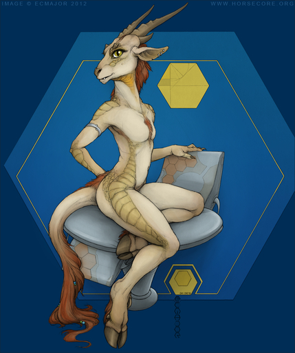 2012 ambiguous_gender antelope anthro armband biped blue_background blue_border border bovid brown_hair chair dragon e621 ear_piercing ecmajor flat_chested fur furniture furred_dragon green_eyes hair hooves horn hybrid looking_at_viewer mammal mascot nude piercing pose scalie signature simple_background sitting smile solo // 987x1178 // 970.3KB