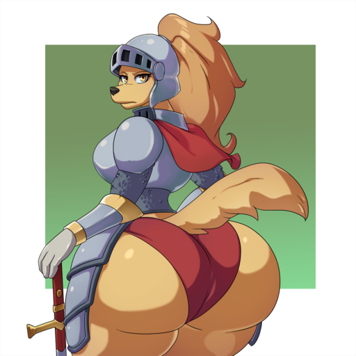 alternate_version_at_source amelia_steelheart anthro armor big_breasts big_butt breasts brown_hair butt canid canine canis clothing domestic_dog female hair headgear helmet hi_res huge_butt looking_at_viewer looking_back mammal melee_weapon panties ponytail solo spiralingstaircase sword tan_body thick_thighs underwear weapon wide_hips yellow_eyes // 1600x1600 // 1017.9KB