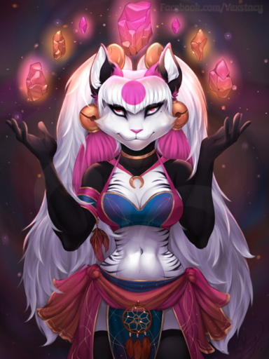 2017 3:4 5_fingers anthro breasts digital_media_(artwork) felid female fingers hair hi_res looking_at_viewer mammal navel pantherine pink_nose red_eyes smile solo tiger vexstacy white_hair // 960x1280 // 2.1MB