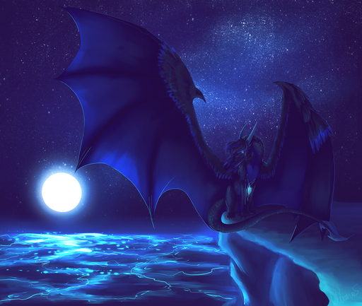 2019 black_hair detailed_background digital_media_(artwork) dragon female feral fur furred_dragon hair hi_res membrane_(anatomy) membranous_wings moon night olianalastangel outside sitting sky solo star starry_sky wings // 2600x2200 // 5.0MB