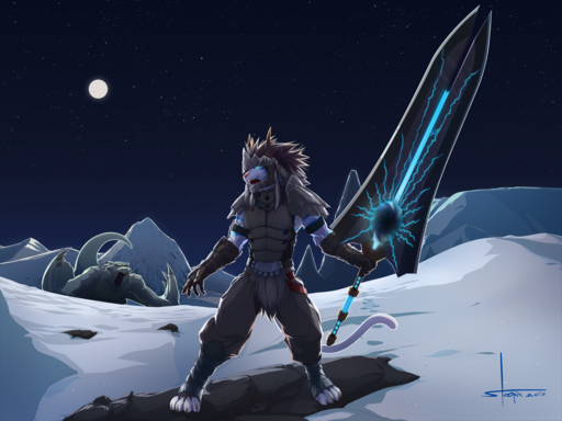 2013 anthro barioth capcom cool_colors duo flying_wyvern great_sword_(monster_hunter) holding_object holding_sword holding_weapon huge_sword male melee_weapon monster_hunter night outside pink_nose restricted_palette sky snow solo_focus standing star starry_sky stoopix sword video_games weapon // 1498x1123 // 1.5MB