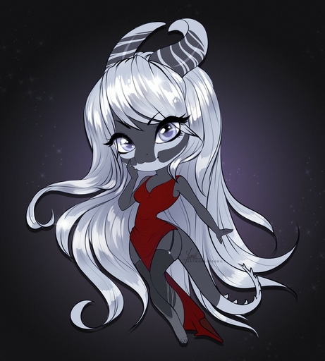 2019 anthro breasts chibi clothed clothing dragon dress female hair hi_res horn leggings legwear looking_at_viewer midnight_(yasmil) non-mammal_breasts purple_eyes simple_background smile solo white_hair yasmil // 1152x1280 // 252.9KB