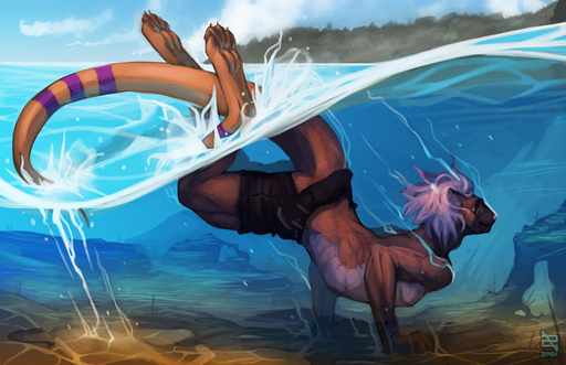 anthro athletic athletic_anthro athletic_male bottomwear clothed clothing countershade_torso countershading detailed_background digitigrade hair hindpaw long_tail lutrine male mammal mustelid paws pink_nose sea_otter shorts solo swimming thick_tail topless underwater water waterline_view white_hair zephra // 1280x828 // 455.7KB