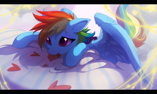 2015 <3 blue_body blue_feathers blue_fur cloud equid equine feathered_wings feathers female feral fur hair hi_res hioshiru horse letterbox lying mammal multicolored_hair multicolored_tail on_front pegasus pink_eyes rainbow_dash_(mlp) rainbow_hair rainbow_tail smile solo wings // 1600x965 // 1.2MB