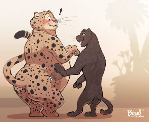 2018 anthro backsack balls belly benjamin_clawhauser blush braeburned butt cheetah digital_media_(artwork) duo exclamation_point felid feline genitals hi_res male malemale mammal melanistic nude obese obese_male outside overweight overweight_male pantherine plant public renato_manchas semi-anthro shaded size_difference tree whiskers // 2415x1981 // 4.0MB