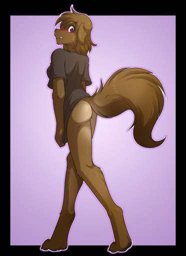 2014 alpha_channel anthro anthrofied barefoot biped blush border bottomless breasts brown_body brown_fur brown_hair butt canid canine canis casual_exposure clothed clothing conditional_dnp crossgender digitigrade domestic_dog embarrassed evals feet female fluffy fluffy_tail fur gradient_background hair keidran looking_at_viewer mammal pawpads paws purple_eyes shirt short_hair simple_background solo teasing tom_fischbach topwear transparent_border twokinds webcomic webcomic_character // 800x1100 // 580.9KB