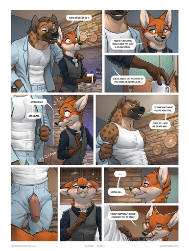 2018 anthro bite biting_lip biting_own_lip blush bottomwear brown_body brown_fur business canid canine circumcised clothed clothing comic desk detailed_background dialogue digital_media_(artwork) duo english_text fox fur furniture genitals glass gloves_(marking) grin half-erect hi_res humanoid_genitalia humanoid_penis hyaenid inside interspecies jayden_coultier_(zaush) larger_male looking_at_genitalia looking_at_penis male malemale mammal markings multicolored_body multicolored_fur necktie office orange_body orange_fur pants penis penis_through_fly poking_out presenting presenting_penis red_fox self_bite sex shirt size_difference smaller_male smile speech_bubble spots spotted_body spotted_fur spotted_hyena suit tan_body tan_fur tank_top text topwear unprofessional_behavior vest vulpes window zaush // 905x1200 // 626.6KB