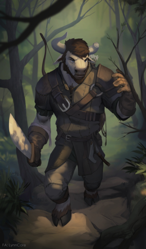 2021 5_fingers anthro bovid bovine brown_hair cattle clothed clothing day detailed_background digital_media_(artwork) fingers forest hair hi_res hooves lynncore male mammal minotaur muscular muscular_anthro muscular_male outside plant solo tree // 750x1280 // 929.1KB