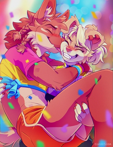 anthro ashe_(coffeesoda) ben_(coffeesoda) blush bottomwear canid canine canis carrying_partner clothing coffeesoda confetti domestic_dog duo ear_piercing embrace eyes_closed female fur hair happy hi_res hug lgbt_pride licking male malefemale mammal multicolored_body multicolored_fur piercing pigtails pink_body pink_fur pride_color_accessory pride_color_clothing pride_color_flag pride_color_topwear pride_colors red_body red_fur role_reversal shorts smile teeth tongue tongue_out topwear white_hair // 1313x1696 // 492.9KB