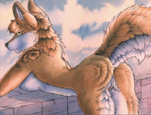 anthro bent_over black_nose breasts brown_theme butt canid canine female fluffy fluffy_tail genitals looking_at_viewer looking_back mammal nude outside pinup pose presenting presenting_hindquarters pussy raised_tail ruaidri side_boob sky solo // 821x630 // 94.5KB