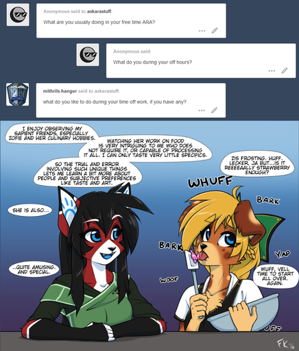 2016 accessory android anthro ara ask_blog black_body black_fur black_hair blonde_hair blue_eyes blue_tongue braided_hair brown_body brown_fur canid canine canis cheek_tuft chest_tuft clothed clothing comic cooking countershading dialogue domestic_cat domestic_dog duo english_text facial_tuft felid feline felis female fluff-kevlar front_view frosting fur german_text gloves_(marking) gradient_background hair hair_accessory hair_bow hair_ribbon kitchen_spatula kitchen_utensils licking long_hair machine mammal markings multicolored_body multicolored_fur red_body red_fur ribbons robot simple_background spatula spoon_spatula tan_body tan_fur text tongue tongue_out tools translated tuft tumblr white_body white_fur zofie // 852x1000 // 519.0KB