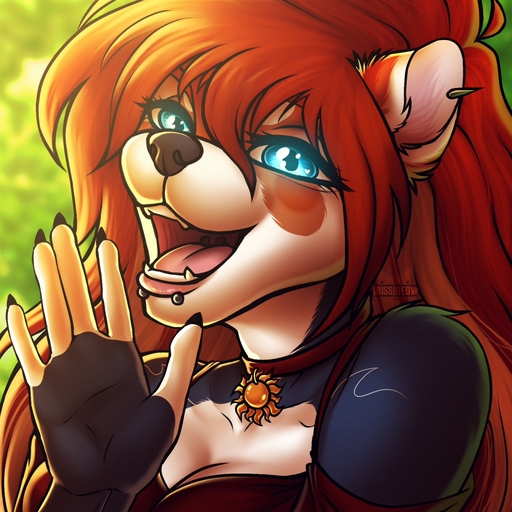 1:1 ailurid anthro blue_eyes breasts brown_body brown_fur catherinemeow clothed clothing detailed_background digital_media_(artwork) facial_piercing fangs female fur hair headshot_portrait hi_res lip_piercing mammal multicolored_body multicolored_fur open_mouth open_smile piercing portrait red_hair red_panda shaded smile solo teeth tongue two_tone_body two_tone_fur white_body white_fur // 1280x1280 // 330KB