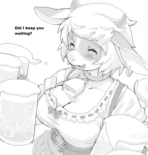 <3 alcohol anthro barmaid beer bell bell_collar beverage big_breasts black_and_white blush bovid bovine breasts cattle cleavage clothed clothing collar cowbell digital_media_(artwork) dirndl ear_piercing english_text eyes_closed female food hair happy horn kikurage mammal monochrome open_mouth piercing ribbons shaded short_hair simple_background slightly_chubby smile solo text translated ushi white_background // 600x630 // 186.7KB