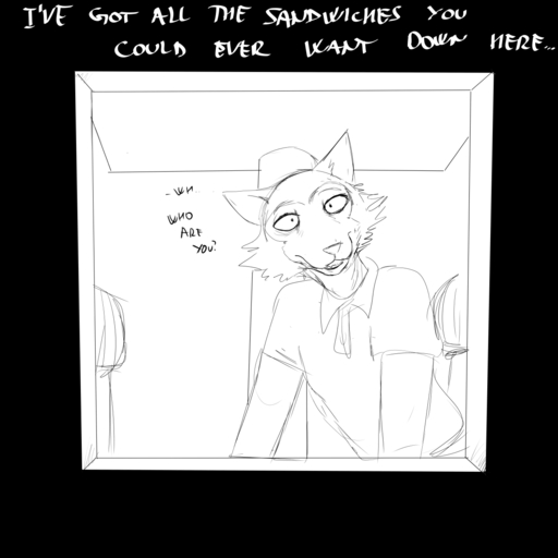 1:1 anthro beastars canid canine canis clothing comic dialogue english_text hi_res hladilnik legoshi_(beastars) looking_at_viewer male mammal monochrome offscreen_character polo_shirt shirt sketch solo text topwear wolf // 1280x1280 // 111.1KB