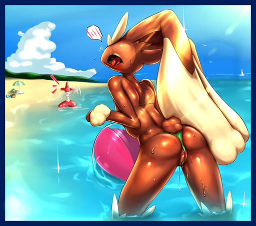 anthro anthro_focus ball bamia beach beach_ball beach_umbrella bent_over big_ears bikini black_sclera blue_sky blush bodily_fluids breasts brown_body brown_fur butt clothing cloud detailed_background digital_media_(artwork) embarrassed exposed female fur gardevoir genital_fluids genitals glistening group humanoid inflatable lagomorph looking_back lopunny mammal medicham nintendo outside partially_submerged pokemon pokemon_(species) pool_toy pussy pussy_floss pussy_juice red_eyes sand sea seaside sky small_breasts small_tail solo_focus standing summer sweat sweatdrop swimwear thong tight_clothing underwear video_games wardrobe_malfunction water wedgie wet // 1250x1100 // 1.2MB