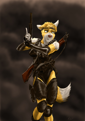 accessory anthro armor belt body_armor bodysuit breasts canid canine canis cleavage clothed clothing digital_media_(artwork) female glistening gun handgun headband holster jayka knee_pads mammal marsonaut muscular muscular_anthro muscular_female nervous pistol ranged_weapon rifle skimpy skinsuit soldier solo tight_clothing warrior weapon wolf // 707x1000 // 461.6KB