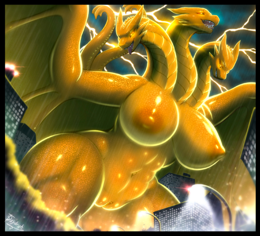 2021 2_tails 3_heads abs absurd_res black_border border breasts building crossgender dragon female genitals godzilla_(series) hi_res hydra kaiju king_ghidorah lightning membrane_(anatomy) membranous_wings mtf_crossgender multi_head multi_tail muscular muscular_female nipples pussy raining scalie sharp_teeth solo teeth thescarletdragon1 thick_thighs toho tongue tongue_out wings yellow_body // 2750x2500 // 8.6MB