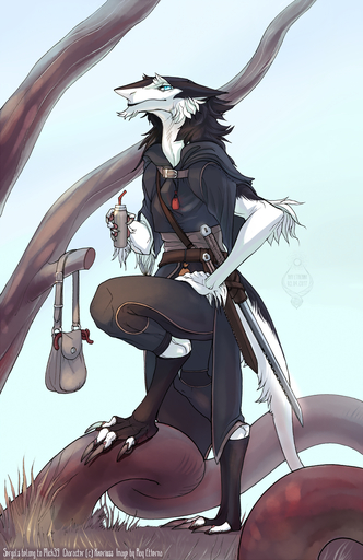 ambiguous_gender anthro blue_eyes claws clothed clothing dagger digitigrade fully_clothed hi_res melee_weapon outside raesheris sergal simple_background solo sword toe_claws weapon // 907x1400 // 1.3MB