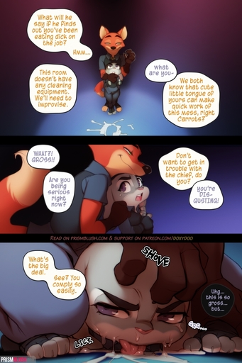 2019 2:3 angry anthro bodily_fluids canid canine clothed clothing comic cum cum_taste dialogue dominant dominant_male doxy duo english_text female forced fox genital_fluids head_grab hi_res humiliation judy_hopps kneeling lagomorph larger_male leporid licking licking_cum male mammal nick_wilde police_uniform rabbit red_fox size_difference smaller_female sound_effects submissive submissive_female text tongue tongue_out uniform vomit vulpes // 1000x1500 // 522.8KB