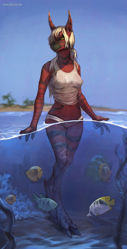 2016 absurd_res alien anthro beach breasts camel_toe claws clothed clothing detailed_background digitigrade female feral fish hi_res hooves hybrid marine meylan nipple_outline nipples non-mammal_breasts outside partially_submerged sea seaside shirt sky stripes swimwear toe_claws topwear totesfleisch8 val_(nalz) water waterline_view wet wet_clothing wet_shirt wet_topwear // 3000x5854 // 4.3MB