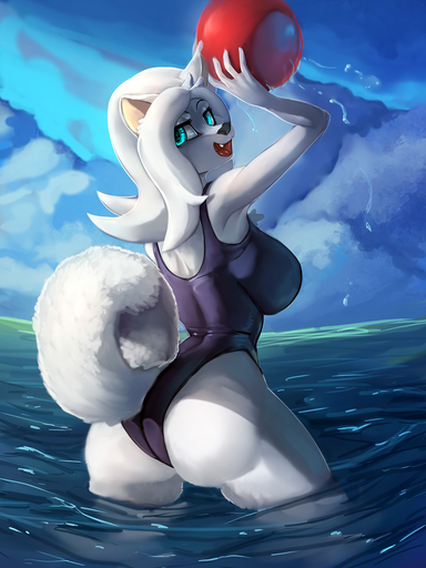 anthro ball beach_ball big_breasts blue_eyes breasts butt canid clothing cloud day digital_media_(artwork) female fur general-irrelevant hair hi_res inflatable looking_back mammal one-piece_swimsuit open_mouth outside smile solo swimwear water white_body white_fur white_hair // 1080x1440 // 672.8KB