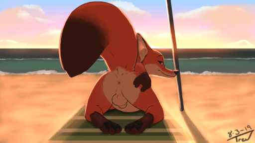 16:9 absurd_res animal_genitalia anthro anus backsack balls beach butt canid canine fox fully_sheathed fur genitals green_eyes hi_res male mammal nick_wilde nude orange_body orange_fur pawpads presenting presenting_anus presenting_hindquarters red_fox seaside sheath solo trevart vulpes widescreen // 4000x2250 // 2.8MB