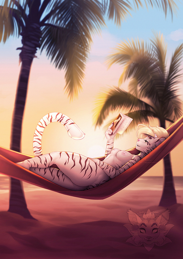 2019 anthro areola beach blonde_hair book breasts butt casual_nudity dune esther_(egyptianbeauty) felid female fur furlana green_eyes hair hammock hi_res lying mammal nipples nude outside palm_tree pantherine plant relaxing sand seaside siberian_tiger solo stripes summer tiger tree white_body white_hair // 1080x1527 // 1.5MB