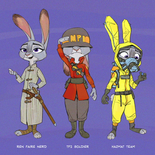 1:1 2020 anthro armor clothed clothing english_text female fully_clothed fur gesture grey_body grey_fur hazmat_suit headgear headwear helmet hi_res holding_object judy_hopps lagomorph leporid mammal melee_weapon multiple_poses pose purple_background purple_eyes rabbit salute samur_shalem simple_background soldier_(team_fortress_2) solo standing sword text text_on_clothing text_on_headwear text_on_helmet video_games weapon // 2048x2048 // 7.7MB