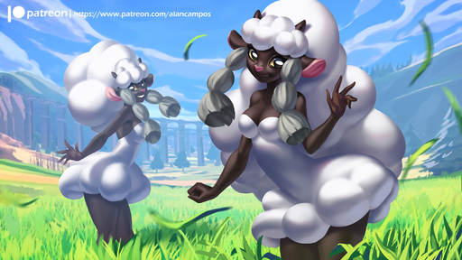 16:9 2019 alanscampos anthro anthrofied black_body black_skin bovid caprine clothed clothing day detailed_background digital_media_(artwork) duo female fur grass hi_res horizontal_pupils horn mammal outside pink_nose plant pokemon_(species) pokemorph pupils sky text url video_games widescreen wool_(fur) wooloo yellow_eyes yellow_sclera // 2000x1125 // 498.0KB