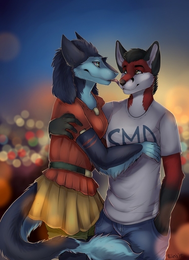 anthro breasts canid canine clothed clothing duo felicia_cat female fox fur hair hi_res licking male malefemale mammal outside sergal smile standing tongue tongue_out // 933x1280 // 167.3KB
