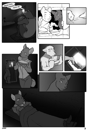 anthro canid canine comic dialogue duo ear_piercing english_text eyes_closed female fox greyscale huska jailed male mammal miles_df monochrome piercing richard_(lcbd) speech_bubble text tongue tongue_out // 537x800 // 83.8KB