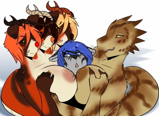 3_heads 4_arms anthro avante92 between_breasts big_breasts breasts canid canid_demon cerberus demon female group hellhound horn huge_breasts lizard looking_at_another mammal multi_arm multi_head multi_limb open_mouth reptile scalie smile // 1280x931 // 204.9KB